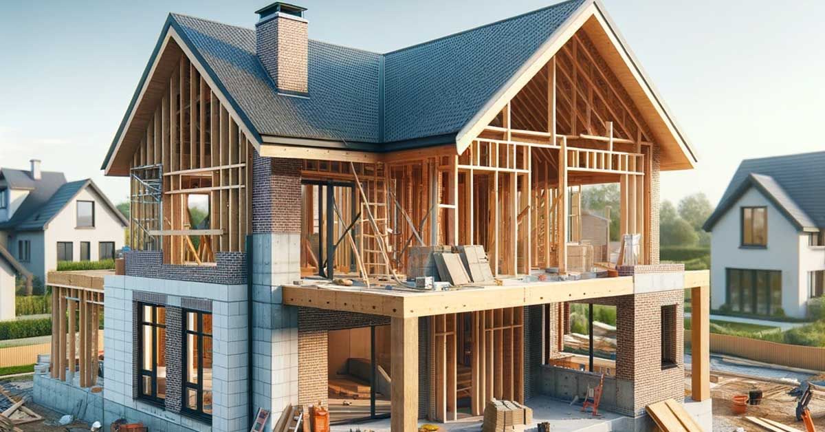 Ein Haus; welches sich im Baustatus befindet; Es zeigt einen Neubau