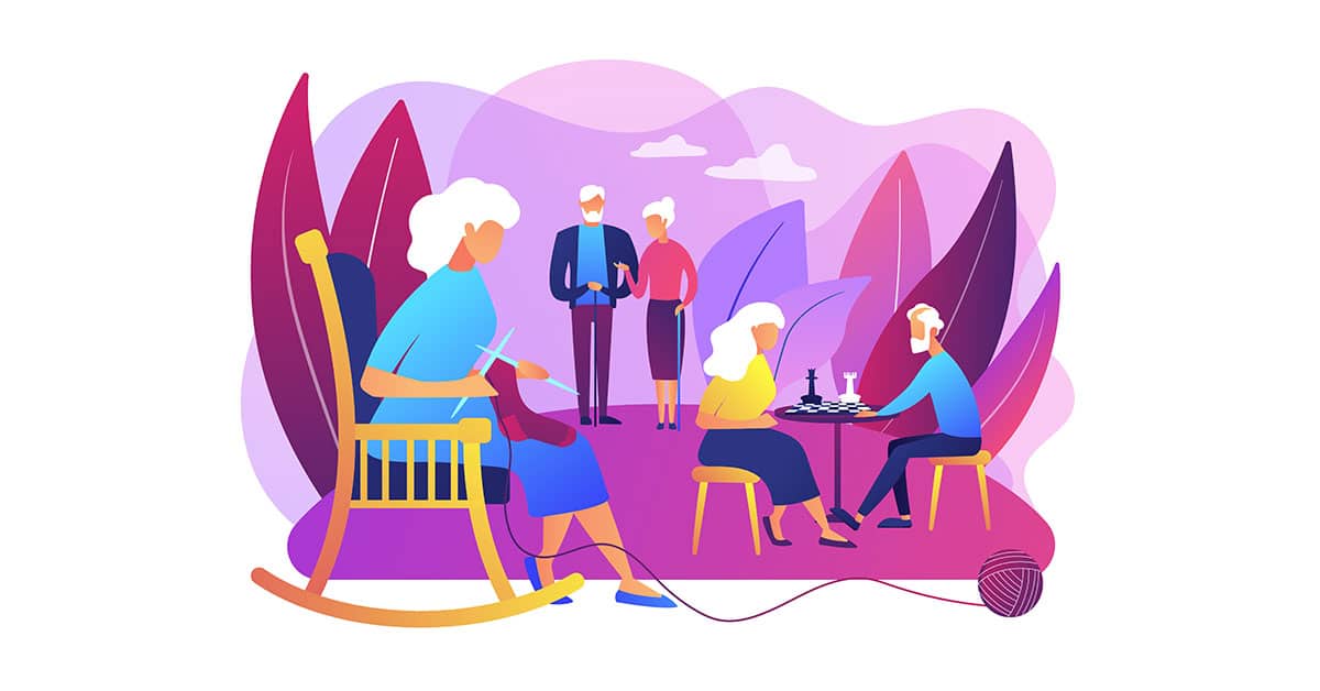 gezeichnetes Bild zum Thema Wohnen im Alter: Senioren sitzen im Garten an Tischen oder nähen im Schaukelstuhl.