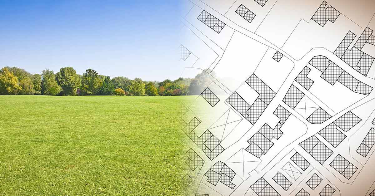 Collage von einer Wiese mit einem Katasterplan - Grundstück geerbt
