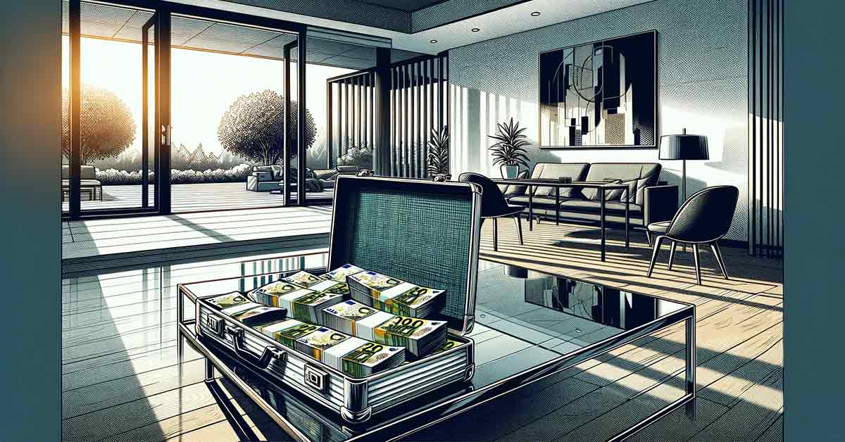 Auf einem Wohnzimmertisch liegt ein Koffer mit staatlicher Förderung für den Immobilienkauf | Checkliste staatliche Förderungen Immobilienkauf