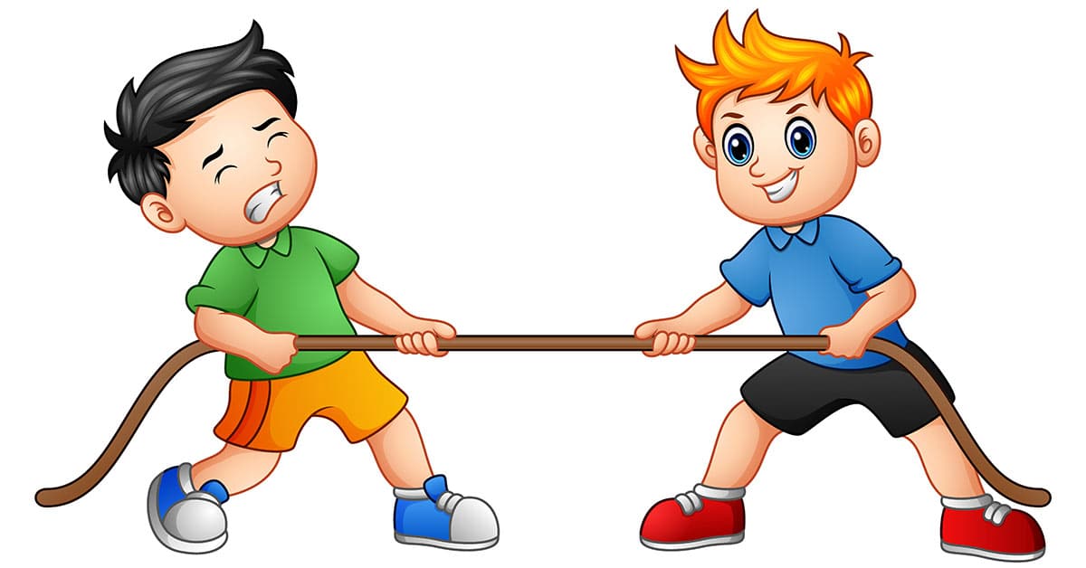 zwei kleine Jungs stellvertretende f&uuml;r K&auml;ufer und Verk&auml;ufer ringen um den richtigen Angebotspreis