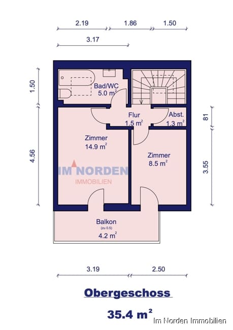 Vermietete Eigentumswohnung im Reihenhausstil für Kapitalanleger - Grundriss Obergeschoss