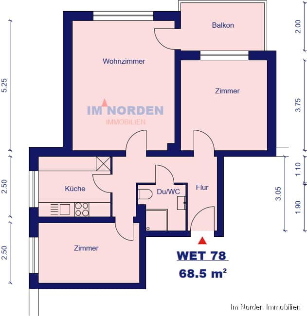 Freie Eigentumswohnung mit 3 Zimmern und Balkon in guter Lage von Lübeck - Grundriss WET 78