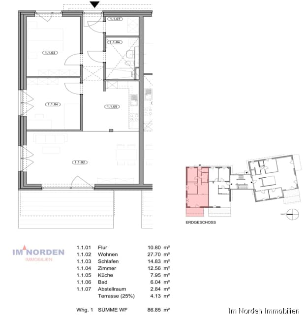 3-Zimmer-Neubauwohnung in zentraler Lage von Eutin ab März 2024 zu mieten - Grundriss Wohnung 1